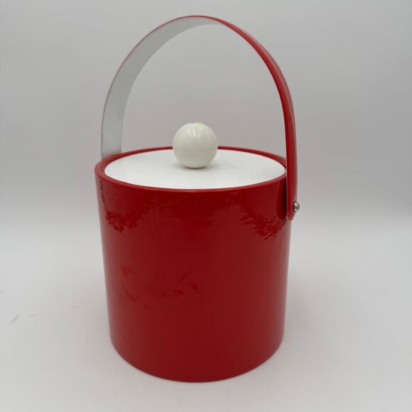 Vintage Red & White Ice Bucket, Vinyl & Plastic, Mid Century Modern 7.25" - Picture 2 of 9